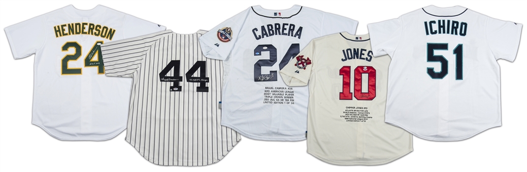 Baseball Hall of Famers and Stars Signed Jersey Collection- 5 (Henderson, Cabrera, Ichiro, Reggie Jackson, Chipper Jones(PSA/DNA & JSA)
